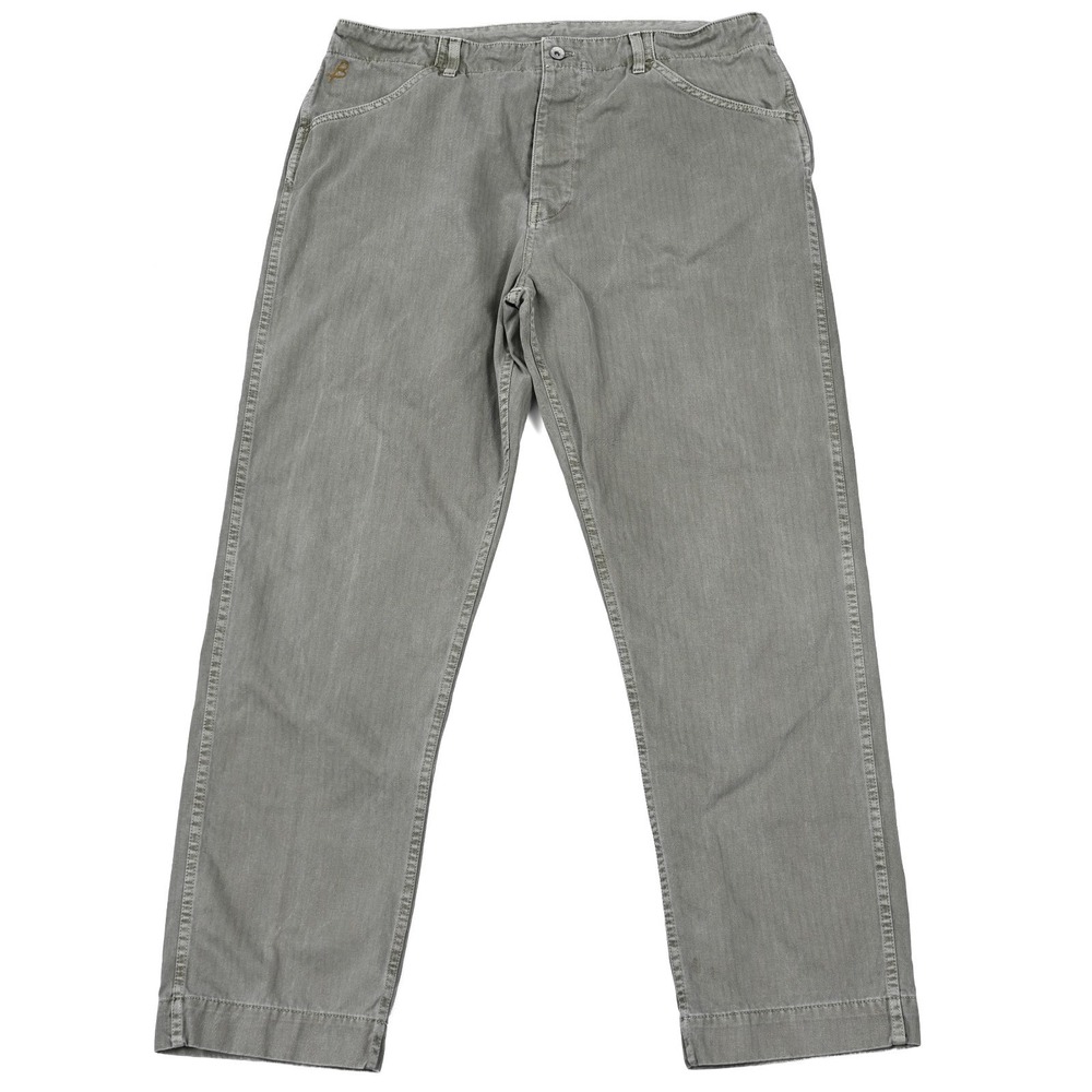 Birdwell Beach Britches Pants 38x32 Green Herringbone‎ Drawstring Button Fly USA